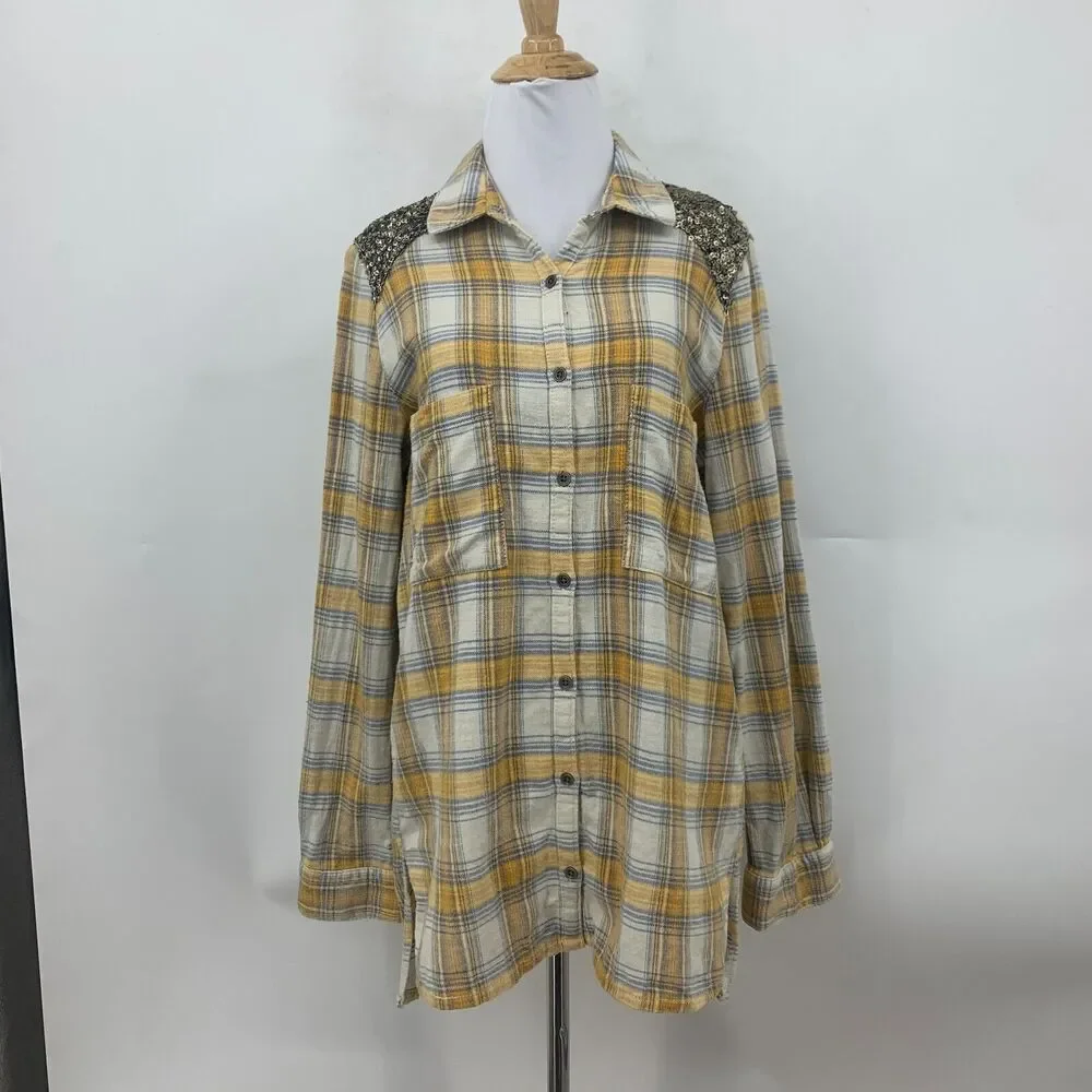 Free People Little Bit of Sugar Shirt Womens S Plaid Flannel Sequin Mesh Panel